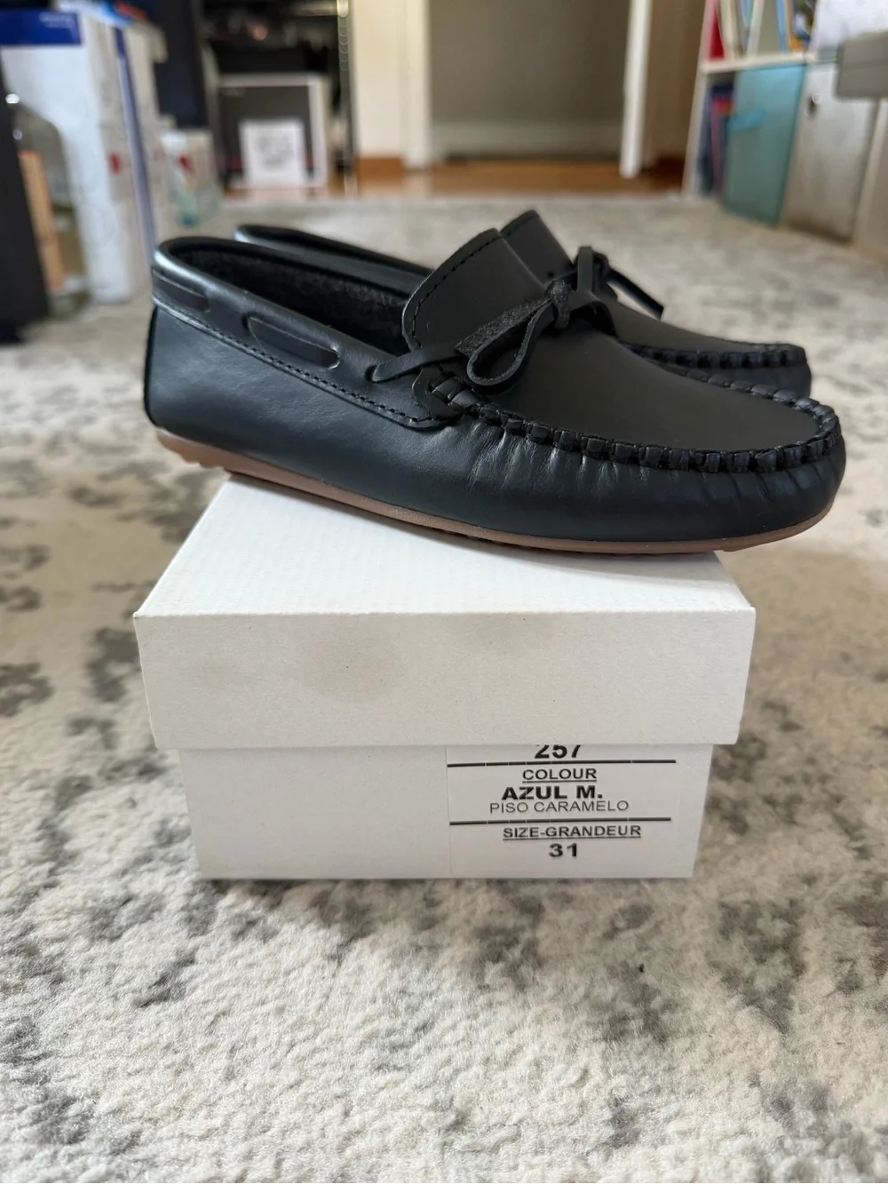 Children's navy Leather Moccasin Loafers with Bow